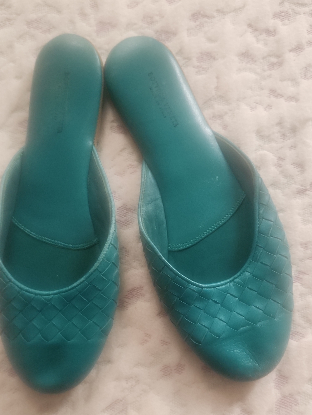 Bottega Veneta Teal Woven Leather Slip-On Mules